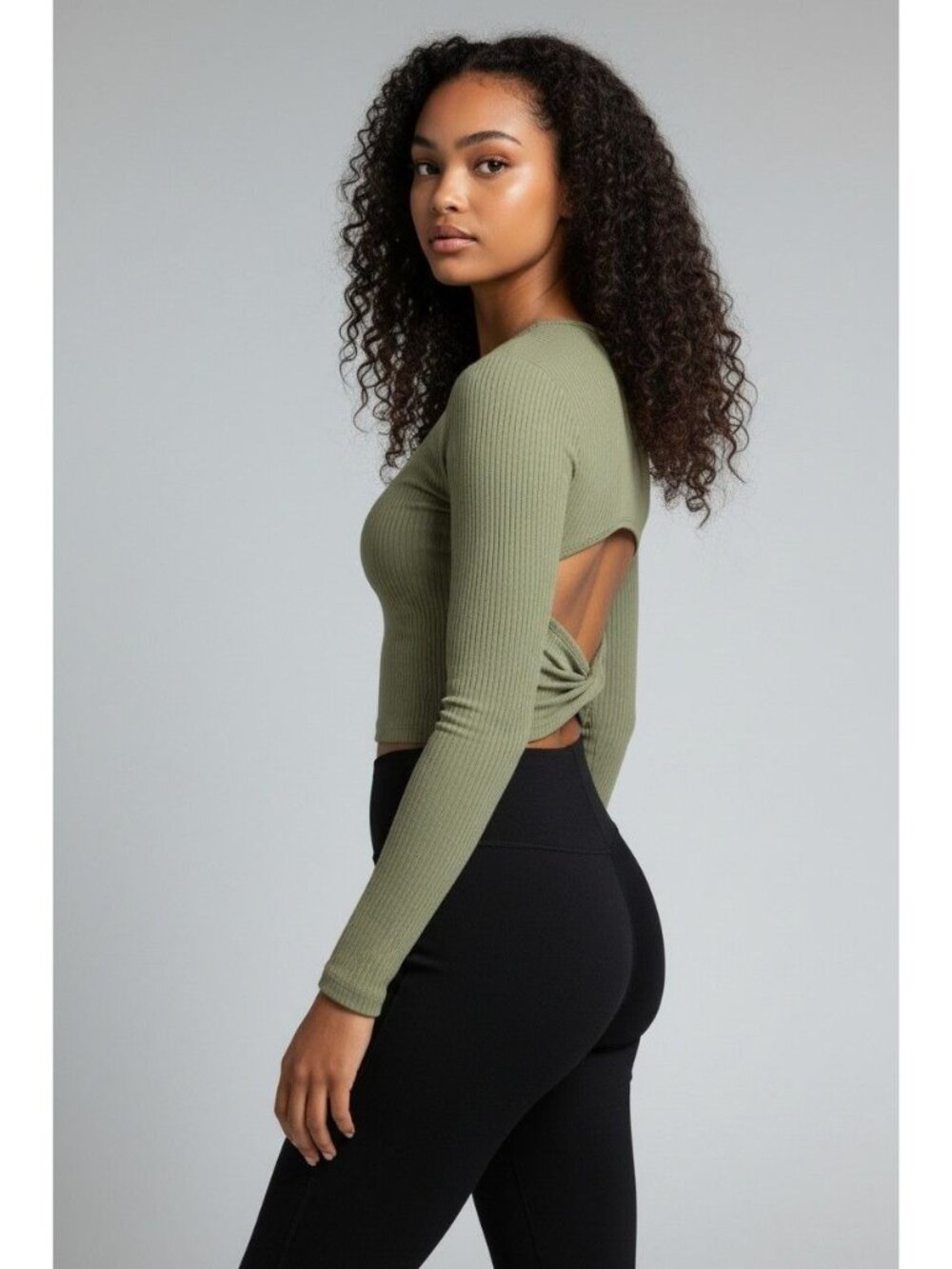 Lush Women’s Ribbed, Long Sleeve, Cutout Knot Back Tee, Sage, Sz. S